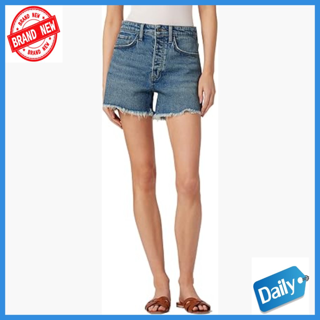 High Rise Relaxed Denim Shorts With Frayed Hem, Button Closure